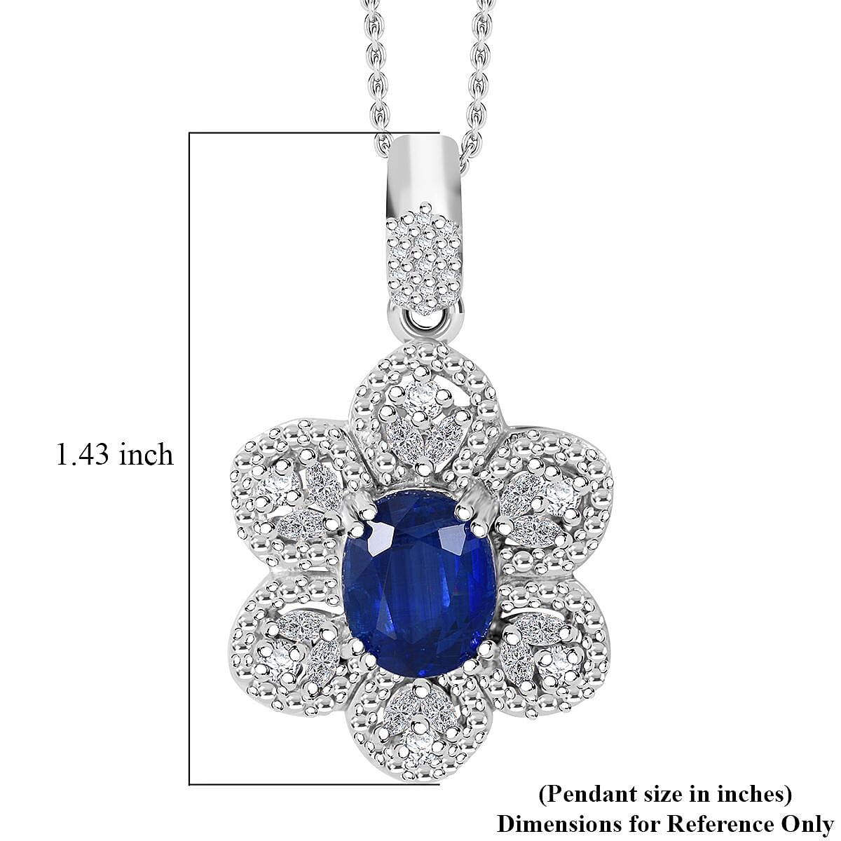 Kashmir Kyanite and White Zircon 4.35 ctw Floral Pendant Necklace 20 Inches in Rhodium Over Sterling Silver