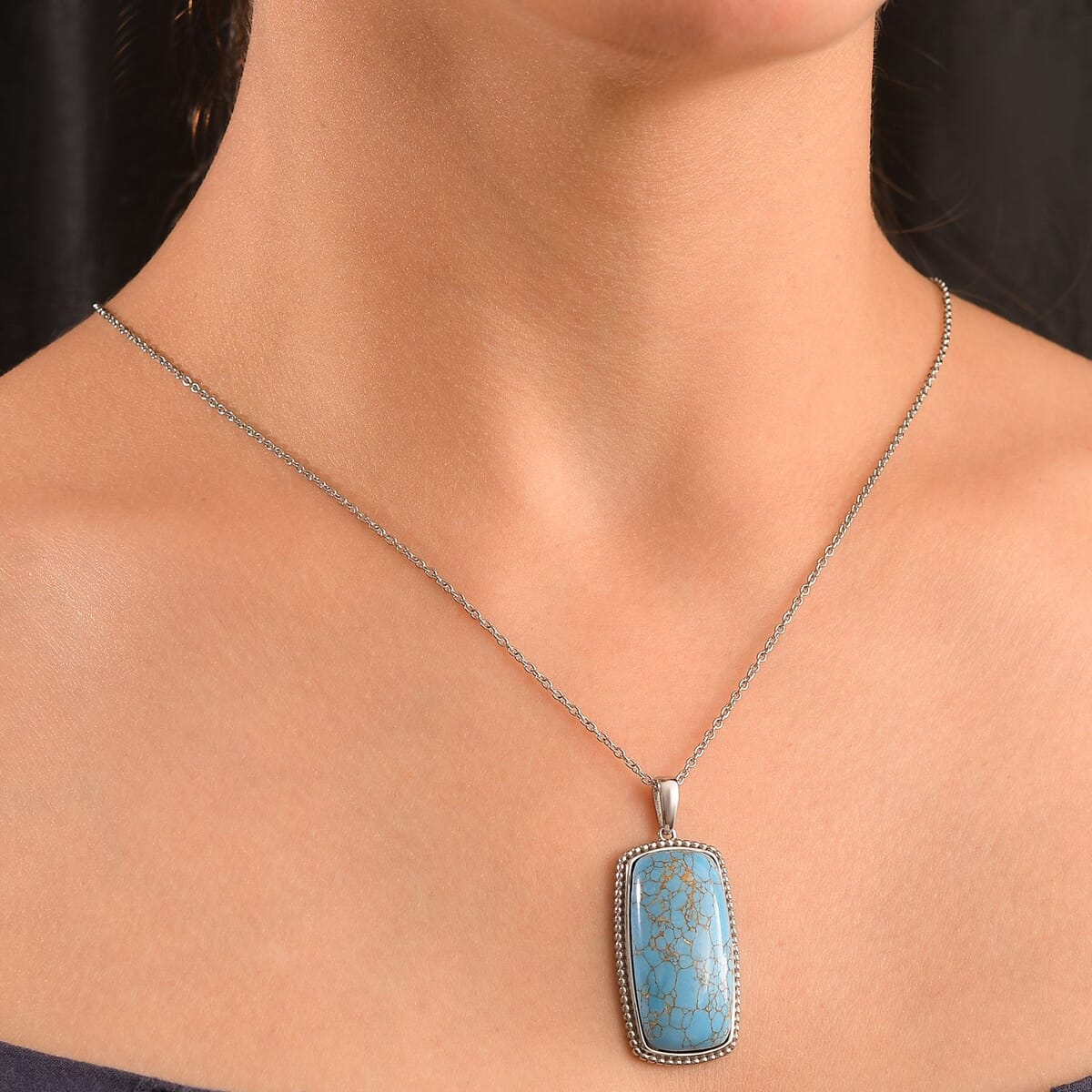 Mojave Blue Turquoise 24.80 ctw Pendant Necklace in Stainless Steel 20 Inches image number 2