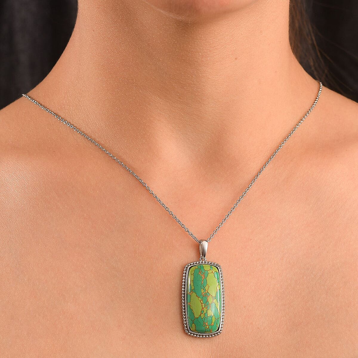 Mojave Green Turquoise 24.00 ctw Pendant Necklace in Stainless Steel 20 Inches image number 2