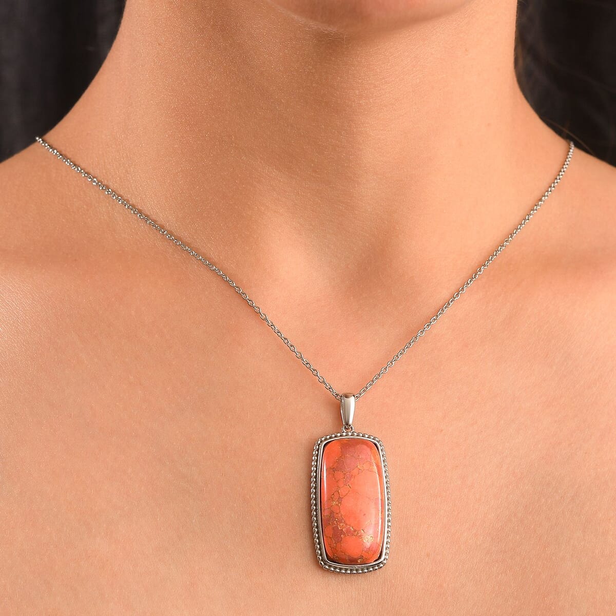 Mojave Oragne Turquoise 24.50 ctw Pendant Necklace in Stainless Steel 20 Inches image number 2