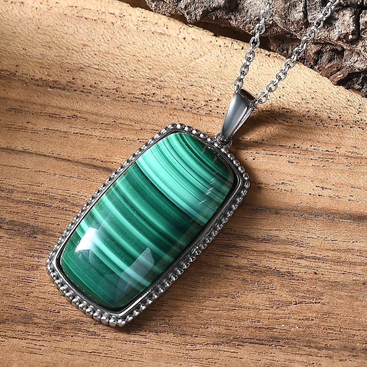 African Malachite 40.90 ctw Pendant Necklace in Stainless Steel 20 Inches image number 1