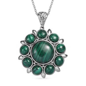 African Malachite 23.00 ctw Floral Pendant Necklace 20 Inches in Stainless Steel