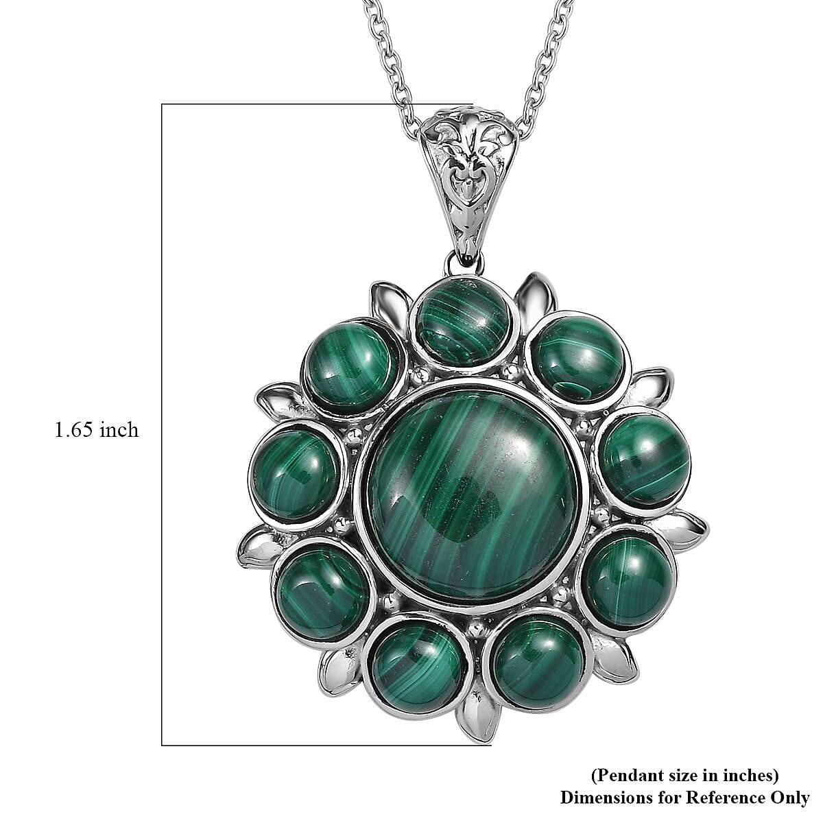 African Malachite 23.00 ctw Floral Pendant Necklace 20 Inches in Stainless Steel