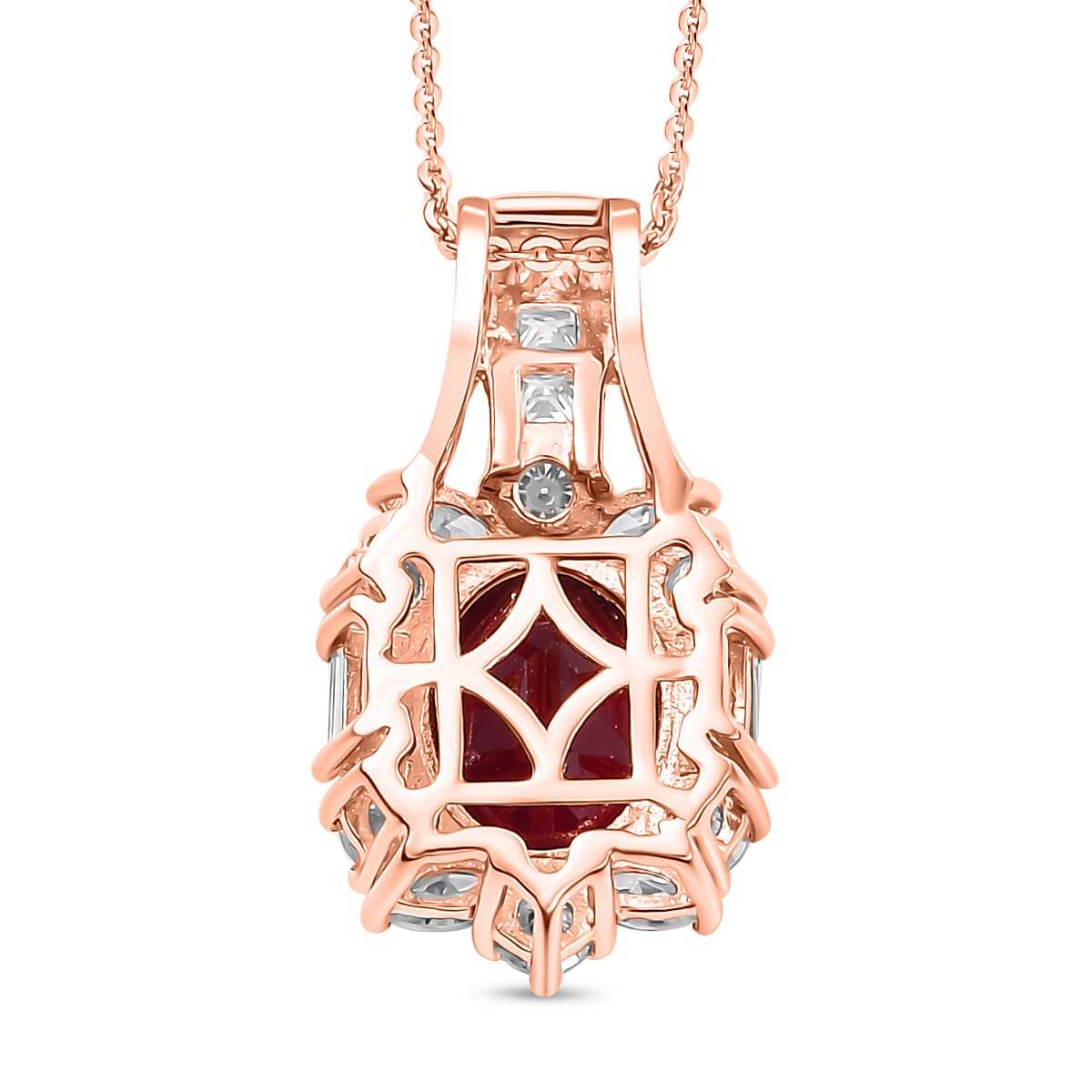 Orissa Rhodolite Garnet and Moissanite 3.90 ctw Scarlet Brilliance Pendant Necklace in 18K Vermeil Rose Gold Over Sterling Silver 20 Inches
