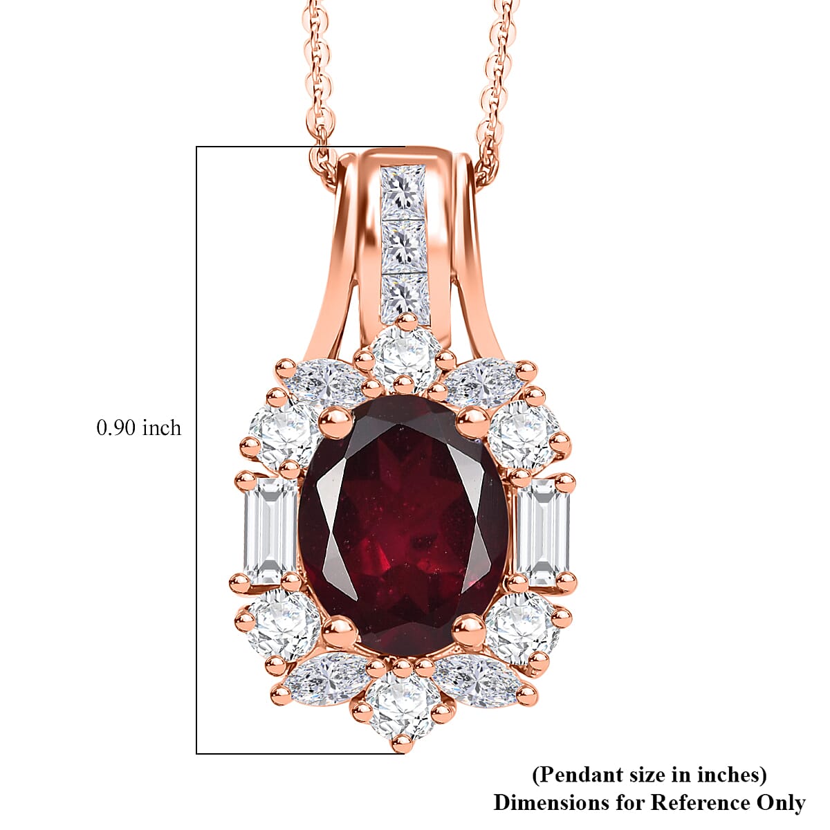 Orissa Rhodolite Garnet and Moissanite 3.90 ctw Scarlet Brilliance Pendant Necklace in 18K Vermeil Rose Gold Over Sterling Silver 20 Inches