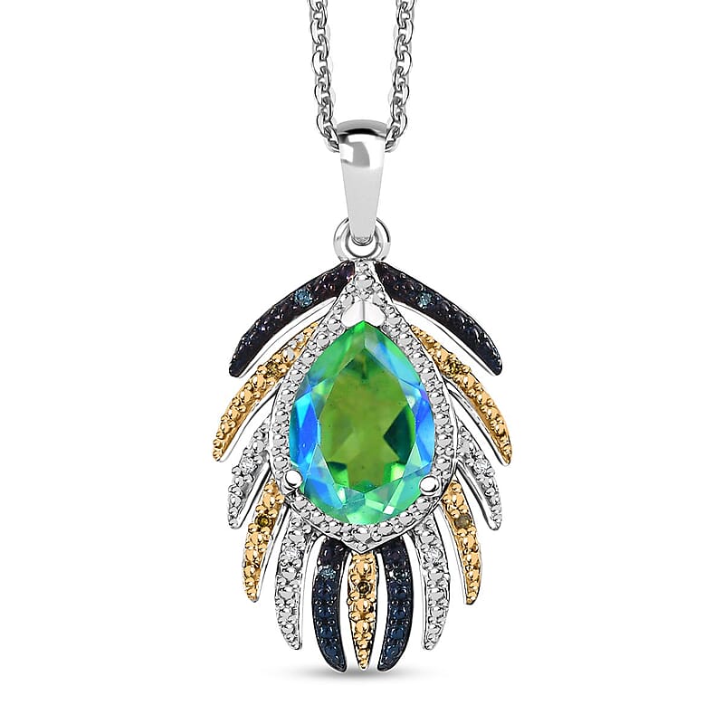 Peacock Quartz (Triplet) and Multi Diamond 2.25 ctw Peacock Feather Pendant Necklace in Rhodium Over Sterling Silver 20 Inches