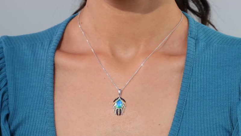 Peacock Quartz (Triplet) and Multi Diamond 2.25 ctw Peacock Feather Pendant Necklace in Rhodium Over Sterling Silver 20 Inches