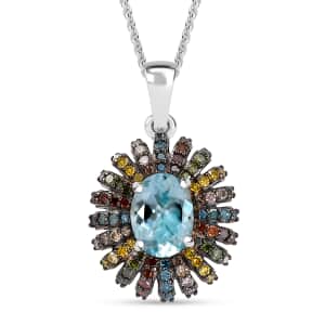 Doorbuster Premium Santa Maria Aquamarine and Multi Color Diamond 1.50 ctw Pendant Necklace in Rhodium Over Sterling Silver 20 Inches