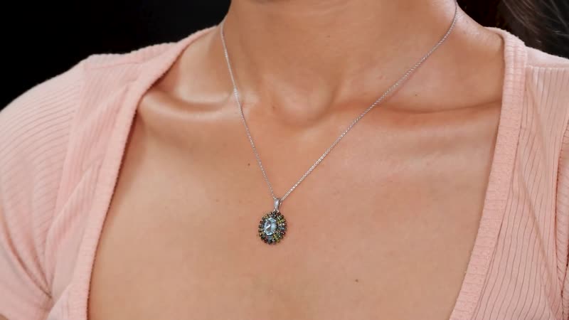 Premium Santa Maria Aquamarine and Multi Color Diamond 1.50 ctw Pendant Necklace in Rhodium Over Sterling Silver 20 Inches