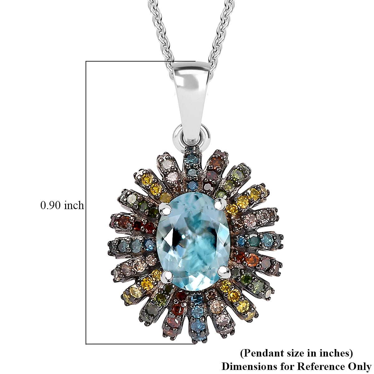 Premium Santa Maria Aquamarine and Multi Color Diamond 1.50 ctw Pendant Necklace in Rhodium Over Sterling Silver 20 Inches