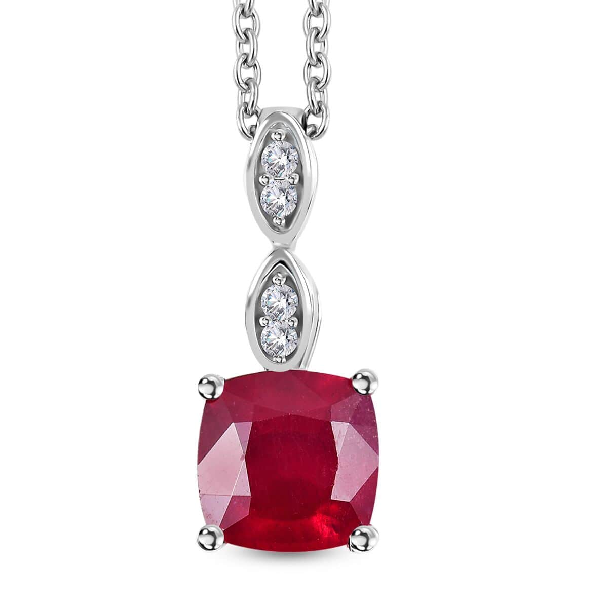 Niassa Ruby (FF), White Zircon 2.25 ctw Dewdrop Pendant in Rhodium Over Sterling Silver with Stainless Steel Necklace 20 Inches image number 0