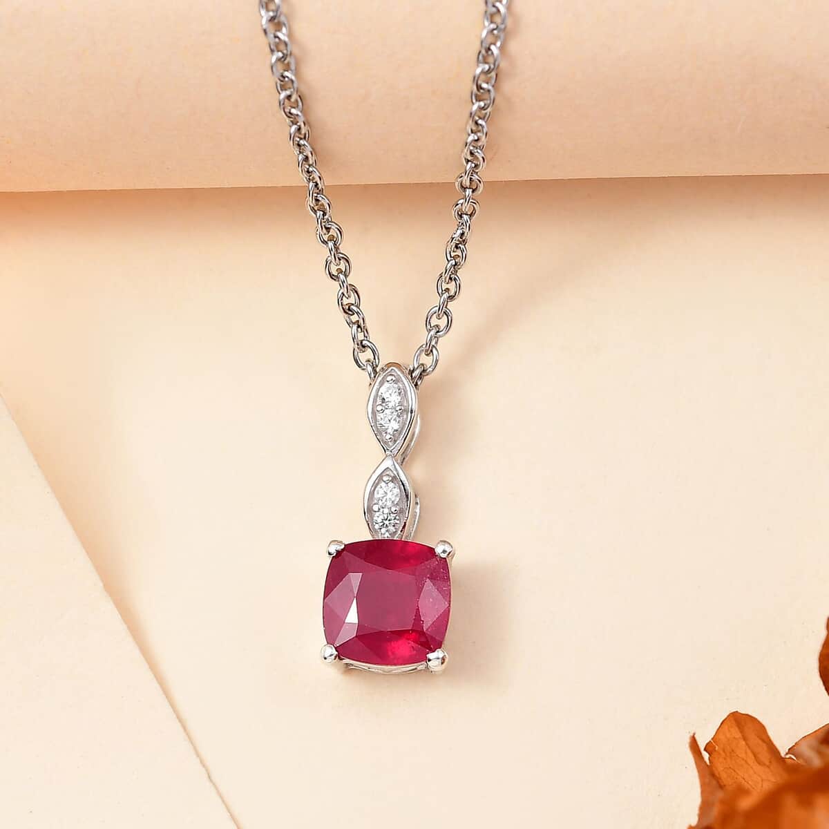 Niassa Ruby (FF), White Zircon 2.25 ctw Dewdrop Pendant in Rhodium Over Sterling Silver with Stainless Steel Necklace 20 Inches image number 1