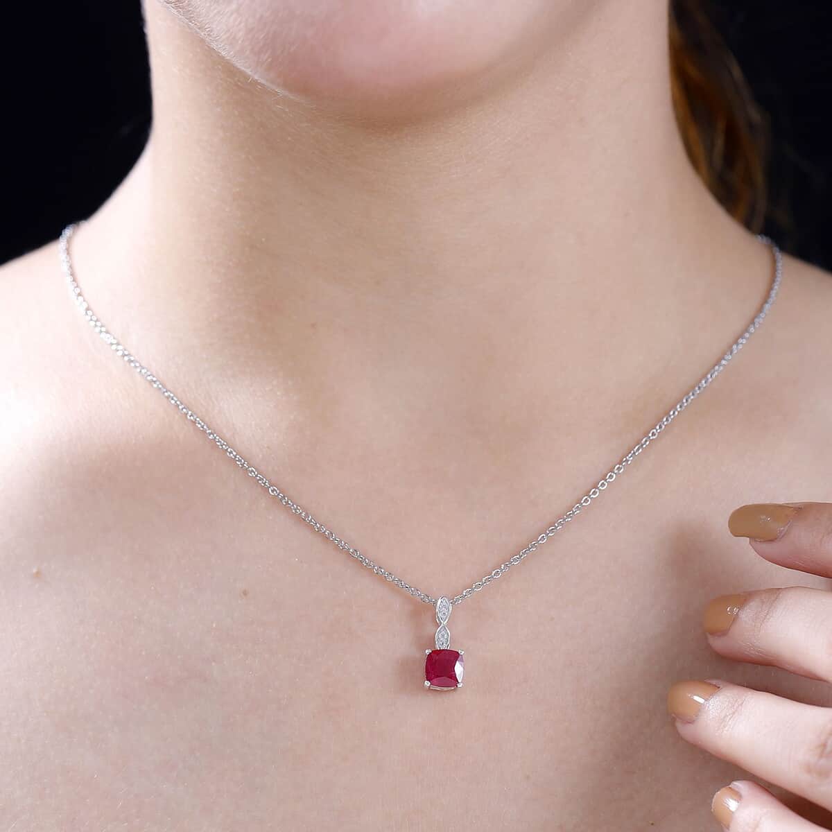 Niassa Ruby (FF), White Zircon 2.25 ctw Dewdrop Pendant in Rhodium Over Sterling Silver with Stainless Steel Necklace 20 Inches image number 2