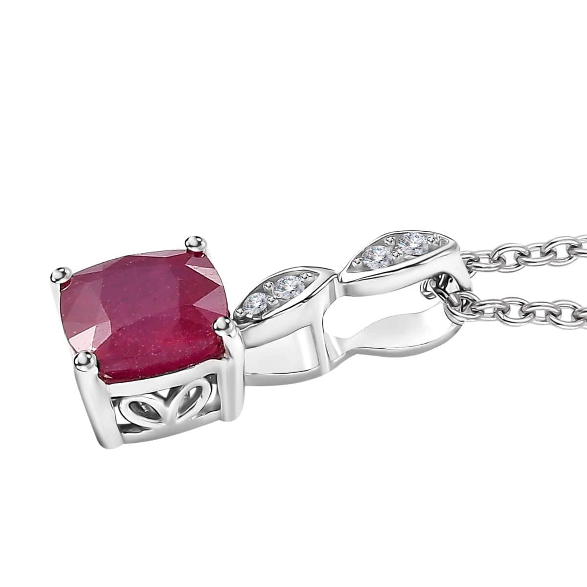 Niassa Ruby (FF), White Zircon 2.25 ctw Dewdrop Pendant in Rhodium Over Sterling Silver with Stainless Steel Necklace 20 Inches image number 3