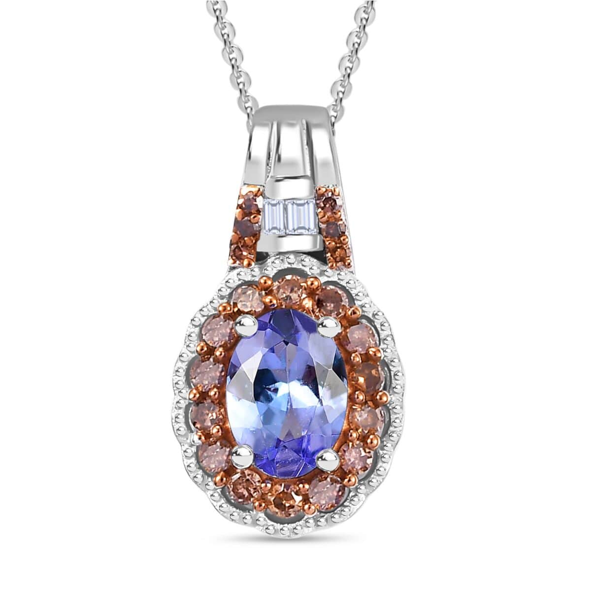 TLV Tanzanite, Natural Champagne and White Diamond (0.25 cts) Pendant Necklace (20 Inches) in Rhodium Over Sterling Silver 1.00 ctw image number 0