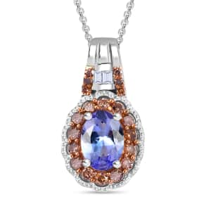 Tanzanite, Natural Champagne and White Diamond 1.00 ctw Blooming Flower Pendant Necklace 20 Inches in Rhodium Over Sterling Silver