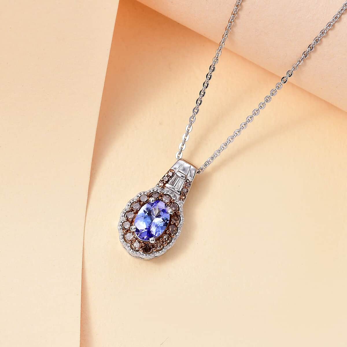 TLV Tanzanite, Natural Champagne and White Diamond (0.25 cts) Pendant Necklace (20 Inches) in Rhodium Over Sterling Silver 1.00 ctw image number 1