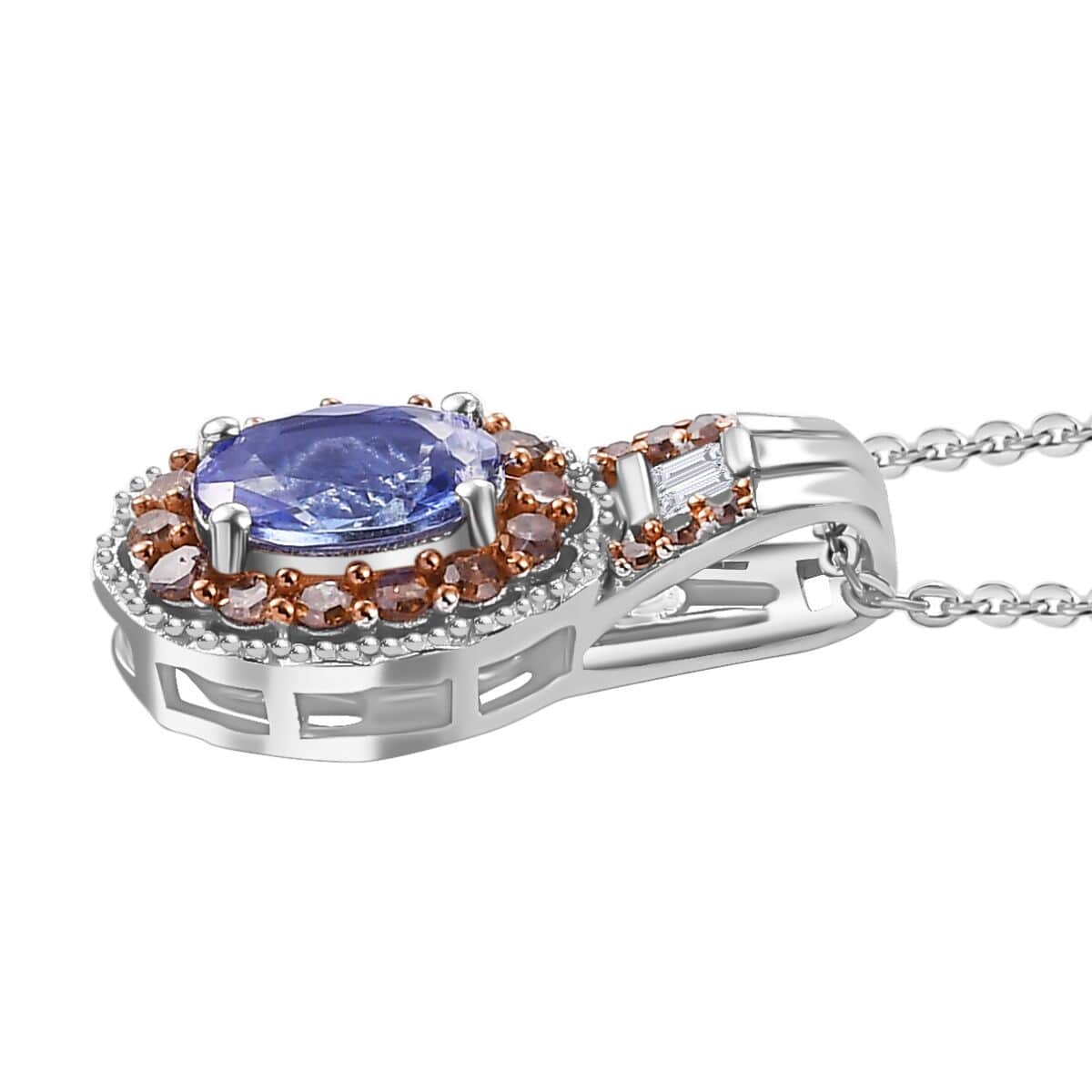 TLV Tanzanite, Natural Champagne and White Diamond (0.25 cts) Pendant Necklace (20 Inches) in Rhodium Over Sterling Silver 1.00 ctw image number 3