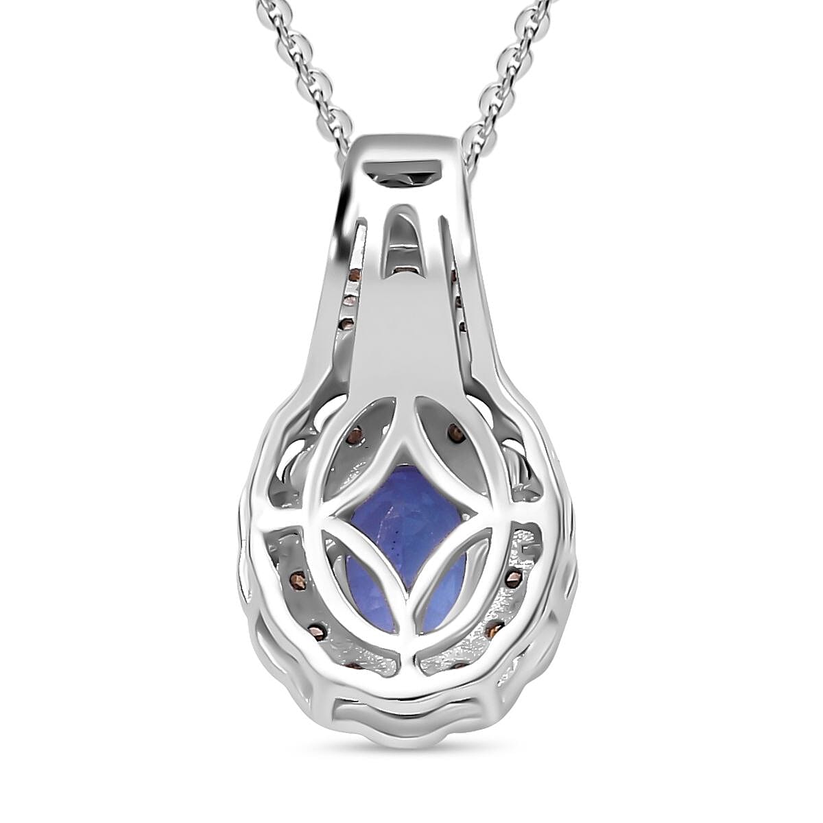 Tanzanite, Natural Champagne and White Diamond 1.00 ctw Blooming Flower Pendant Necklace 20 Inches in Rhodium Over Sterling Silver
