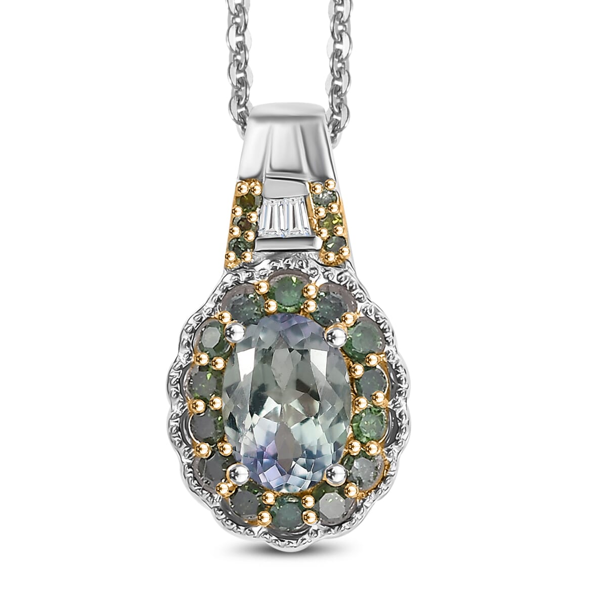 Green Tanzanite, Green and White Diamond 1.10 ctw Blooming Flower Pendant Necklace in Rhodium Over Sterling Silver 20 Inches image number 0