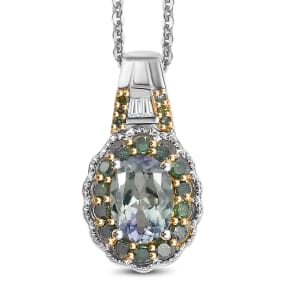 Green Tanzanite, Green and White Diamond 1.10 ctw Blooming Flower Pendant Necklace in Rhodium Over Sterling Silver 20 Inches