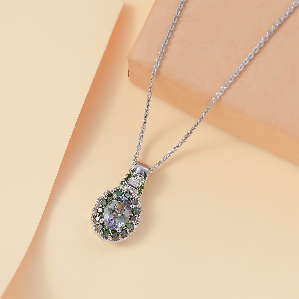 Green Tanzanite, Green and White Diamond 1.10 ctw Blooming Flower Pendant Necklace in Rhodium Over Sterling Silver 20 Inches image number 1
