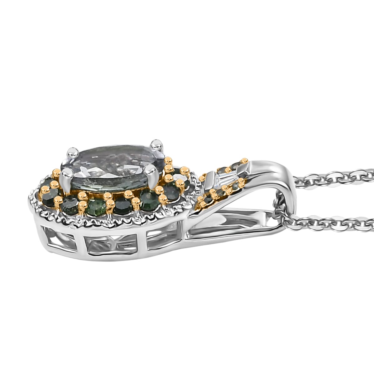 Green Tanzanite, Green and White Diamond 1.10 ctw Blooming Flower Pendant Necklace in Rhodium Over Sterling Silver 20 Inches image number 3