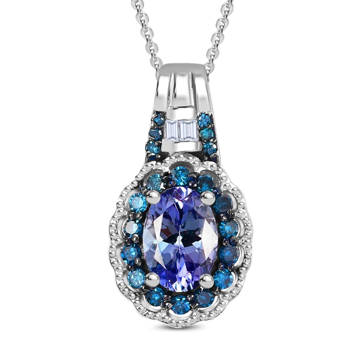 Peacock Tanzanite, Blue and White Diamond 1.00 ctw Blooming Flower Pendant Necklace 20 Inches in Rhodium Over Sterling Silver  image number 0