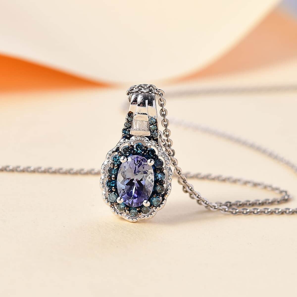 Peacock Tanzanite, Blue and White Diamond 1.00 ctw Blooming Flower Pendant Necklace 20 Inches in Rhodium Over Sterling Silver  image number 1