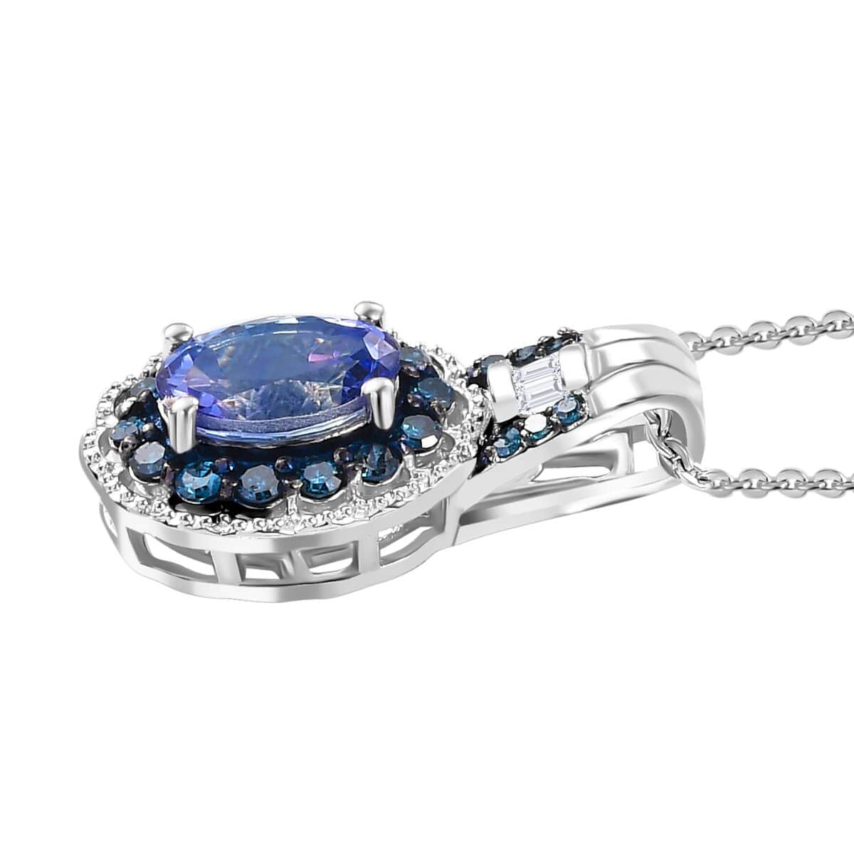 Peacock Tanzanite, Blue and White Diamond 1.00 ctw Blooming Flower Pendant Necklace 20 Inches in Rhodium Over Sterling Silver  image number 3