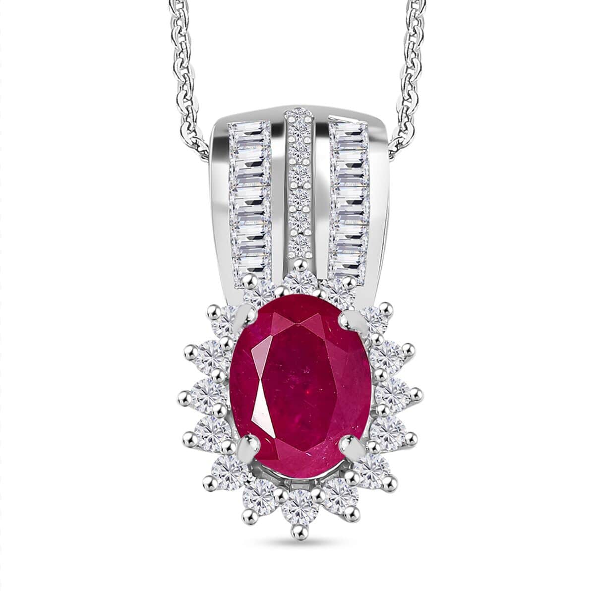 Doorbuster Mozambique Ruby and Moissanite 2.30 ctw Sunburst Pendant Necklace in Rhodium Over Sterling Silver 20 Inches image number 0