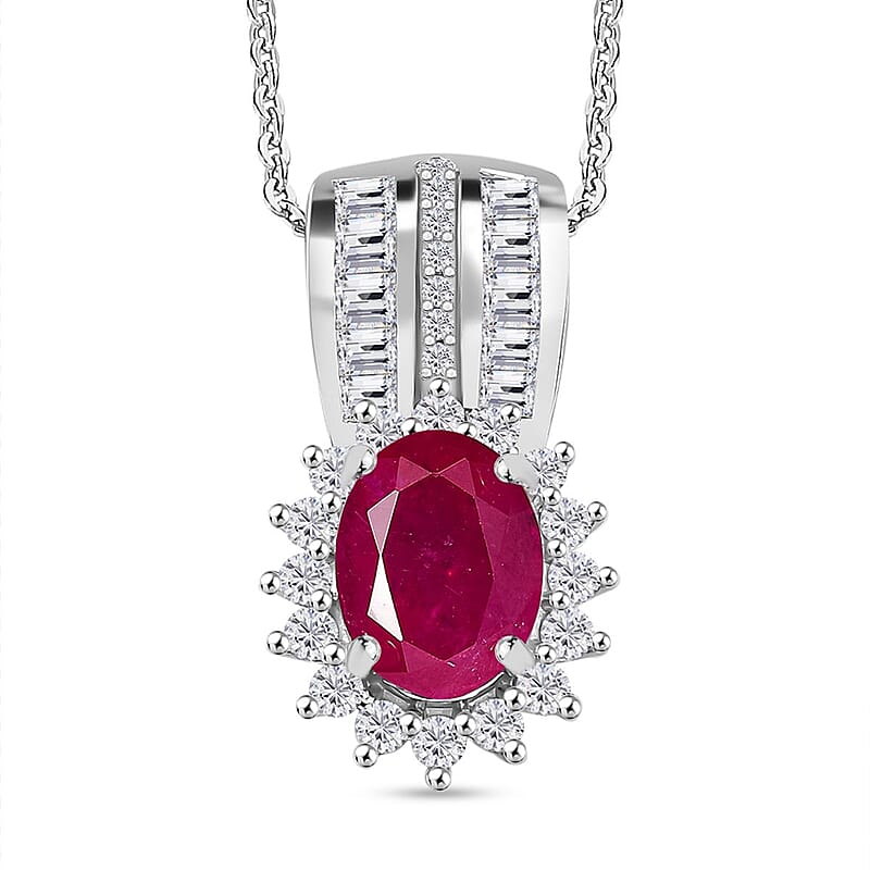 Mozambique Ruby and Moissanite 2.30 ctw Sunburst Pendant Necklace in Rhodium Over Sterling Silver 20 Inches