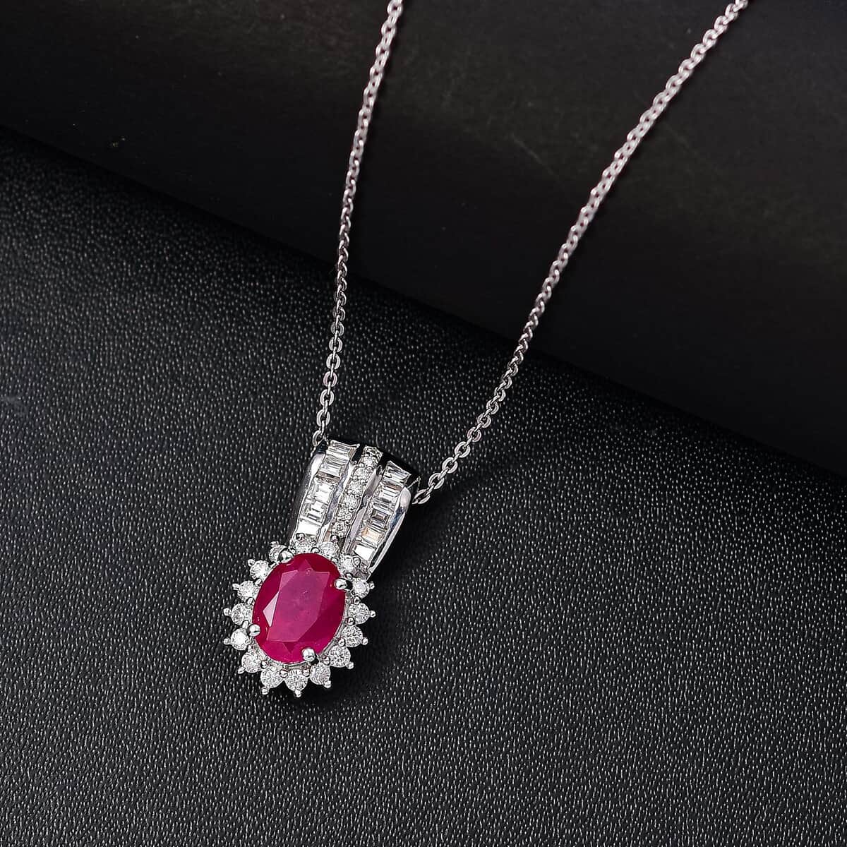 Doorbuster Mozambique Ruby and Moissanite 2.30 ctw Sunburst Pendant Necklace in Rhodium Over Sterling Silver 20 Inches image number 1