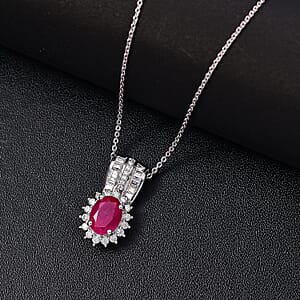 Mozambique Ruby and Moissanite 2.30 ctw Sunburst Pendant Necklace in Rhodium Over Sterling Silver 20 Inches