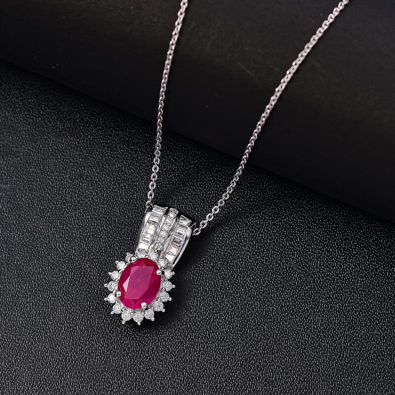 Mozambique Ruby and Moissanite 2.30 ctw Sunburst Pendant Necklace in Rhodium Over Sterling Silver 20 Inches