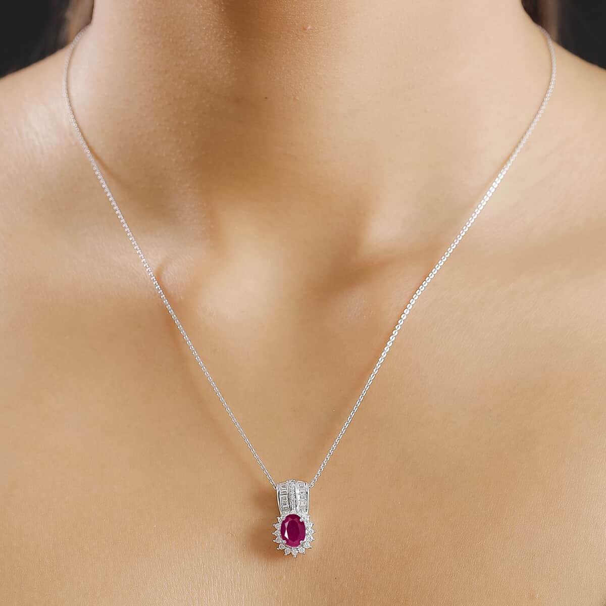 Doorbuster Mozambique Ruby and Moissanite 2.30 ctw Sunburst Pendant Necklace in Rhodium Over Sterling Silver 20 Inches image number 2