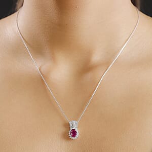 Mozambique Ruby and Moissanite 2.30 ctw Sunburst Pendant Necklace in Rhodium Over Sterling Silver 20 Inches
