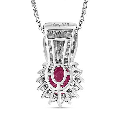 Mozambique Ruby and Moissanite 2.30 ctw Sunburst Pendant Necklace in Rhodium Over Sterling Silver 20 Inches