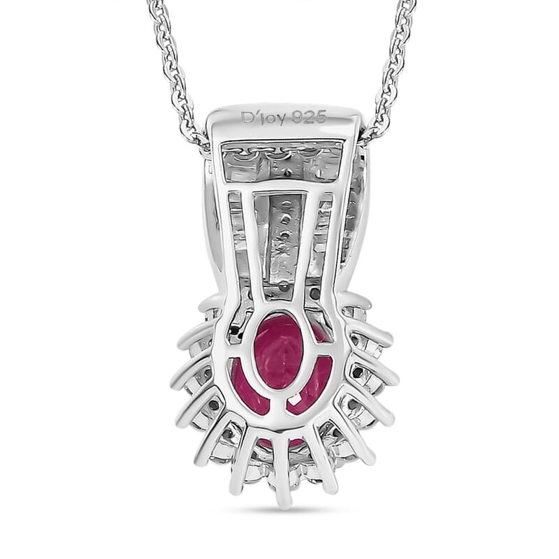 Mozambique Ruby and Moissanite 2.30 ctw Sunburst Pendant Necklace in Rhodium Over Sterling Silver 20 Inches