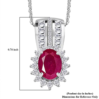 Mozambique Ruby and Moissanite 2.30 ctw Sunburst Pendant Necklace in Rhodium Over Sterling Silver 20 Inches