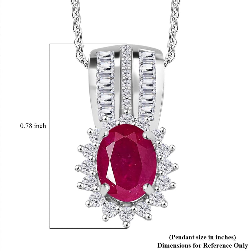 Mozambique Ruby and Moissanite 2.30 ctw Sunburst Pendant Necklace in Rhodium Over Sterling Silver 20 Inches