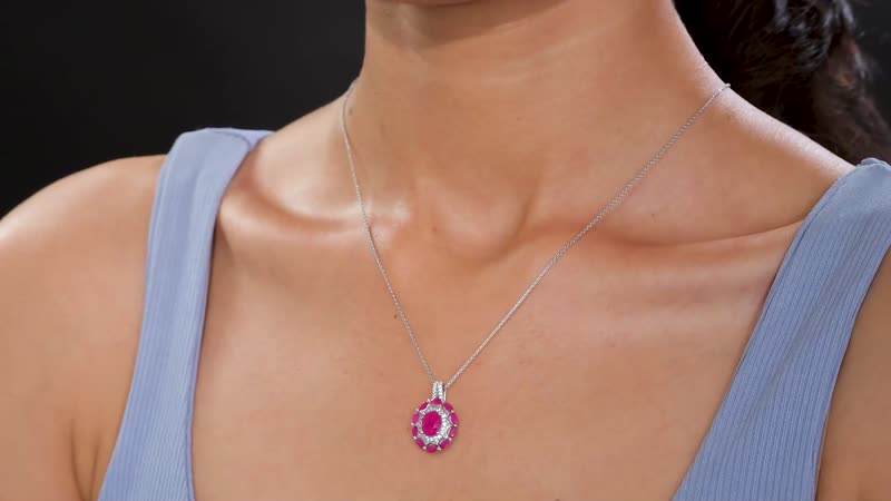 Royal Ruby and White Zircon 3.25 ctw Cocktail Pendant Necklace in Rhodium Over Sterling Silver 20 Inches