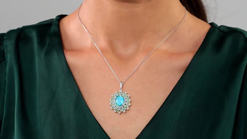 Peacock Quartz (Triplet) and Multi Gemstone 8.15 ctw Dancing Peacock Pendant Necklace 20 Inches in Rhodium Over Sterling Silver