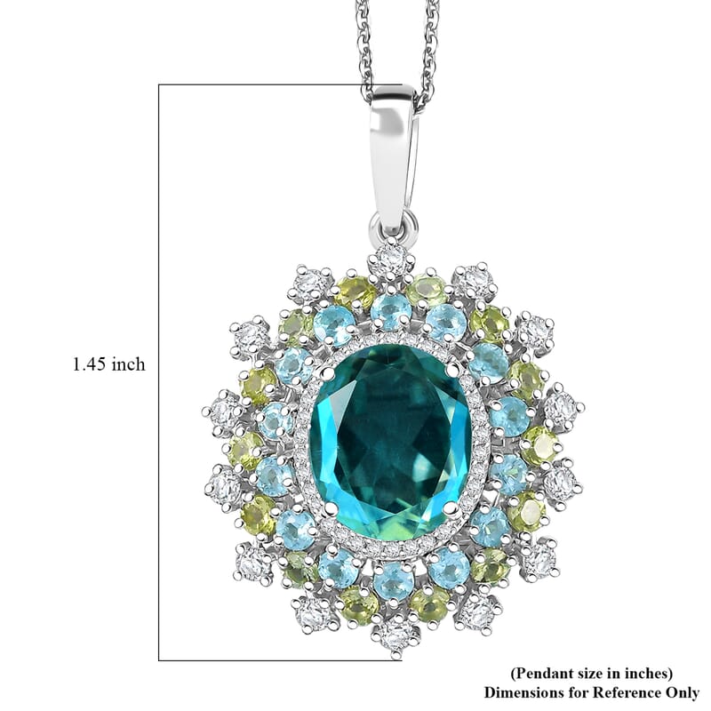 Peacock Quartz (Triplet) and Multi Gemstone 8.15 ctw Dancing Peacock Pendant Necklace 20 Inches in Rhodium Over Sterling Silver 