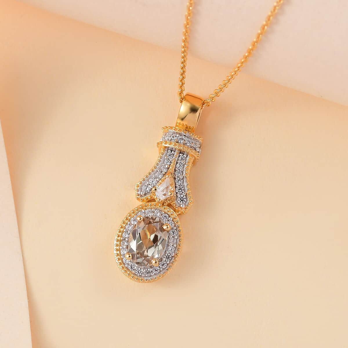 AAA Turkizite and White Zircon 1.25 ctw Art Deco Pendant Necklace in 18K Vermeil Yellow Gold Over Sterling Silver 20 Inches image number 1