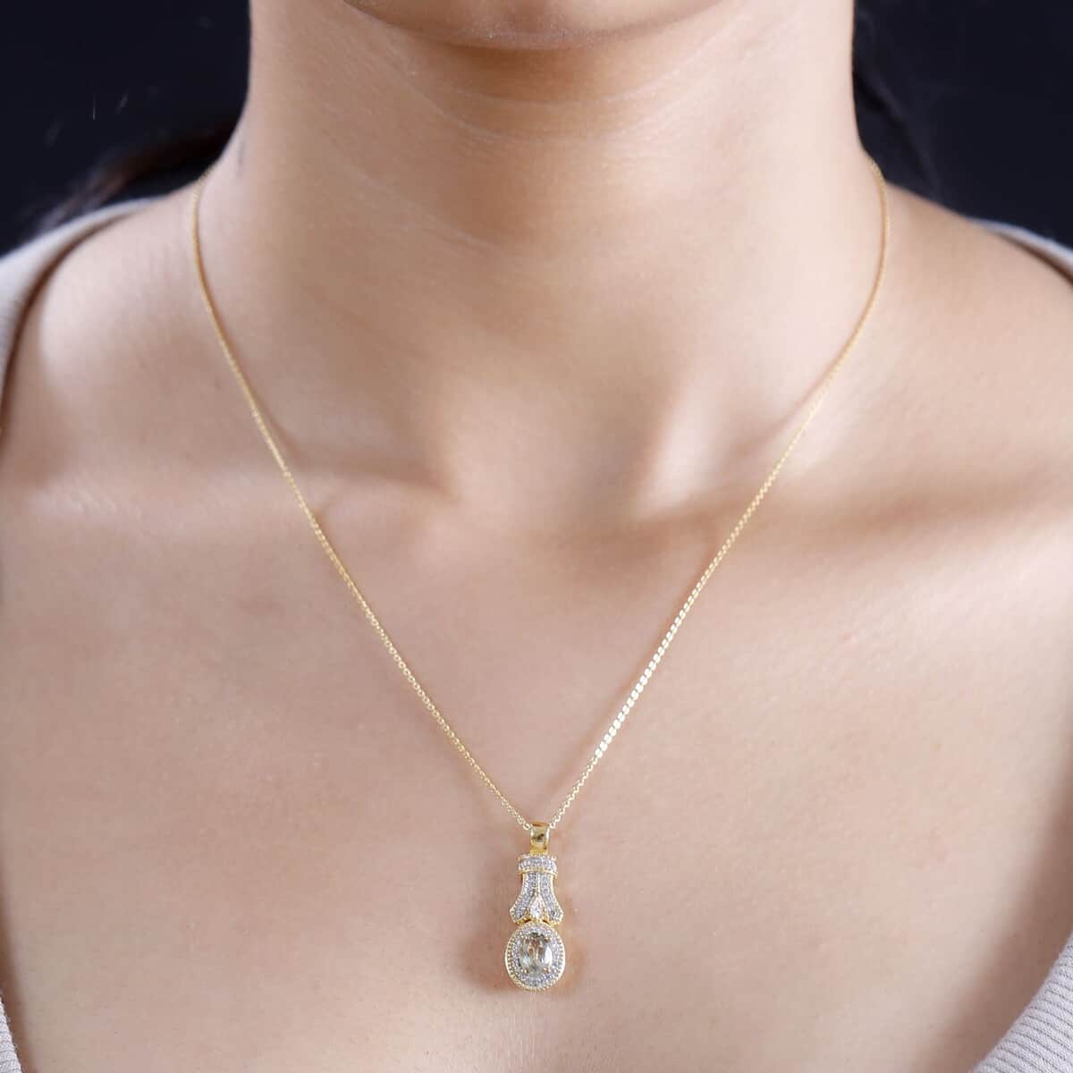 AAA Turkizite and White Zircon 1.25 ctw Art Deco Pendant Necklace in 18K Vermeil Yellow Gold Over Sterling Silver 20 Inches image number 2