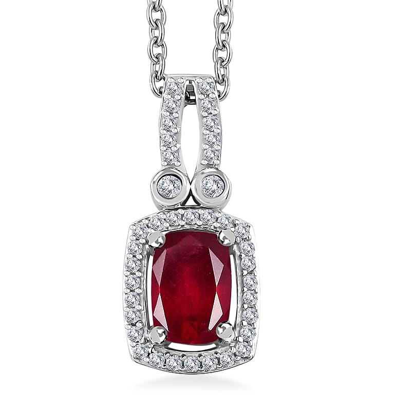 Niassa Ruby (FF) and White Zircon 1.70 ctw Twilight Blossom Pendant in Rhodium Over Sterling Silver with Stainless Steel Necklace 20 Inches