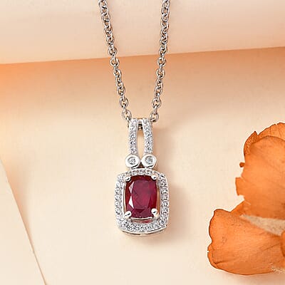 Niassa Ruby (FF) and White Zircon 1.70 ctw Twilight Blossom Pendant in Rhodium Over Sterling Silver with Stainless Steel Necklace 20 Inches