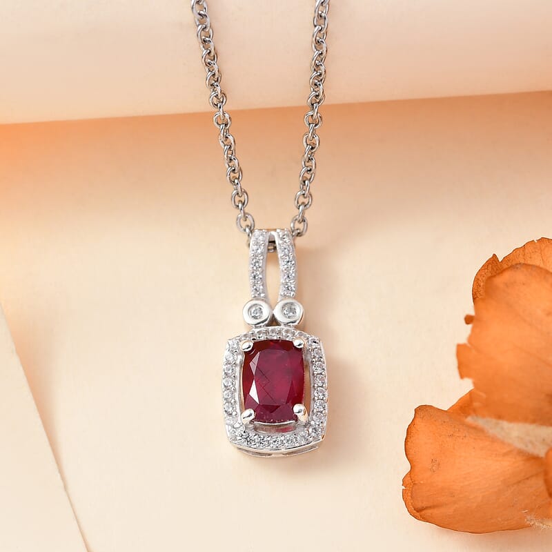 Niassa Ruby (FF) and White Zircon 1.70 ctw Twilight Blossom Pendant in Rhodium Over Sterling Silver with Stainless Steel Necklace 20 Inches