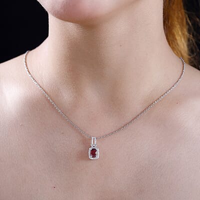 Niassa Ruby (FF) and White Zircon 1.70 ctw Twilight Blossom Pendant in Rhodium Over Sterling Silver with Stainless Steel Necklace 20 Inches